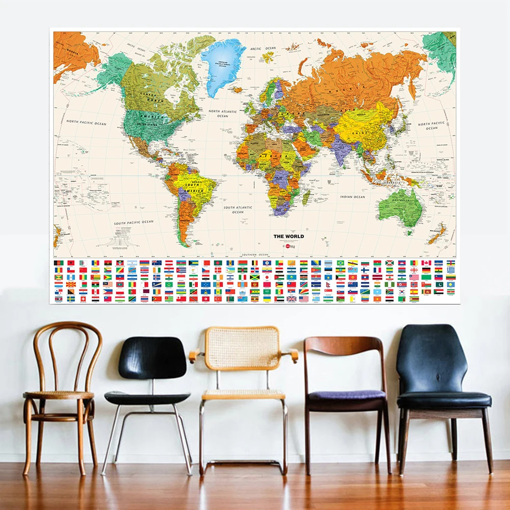 Винтажная карта мира страны флаг напечатанная Картина на холсте гостиная