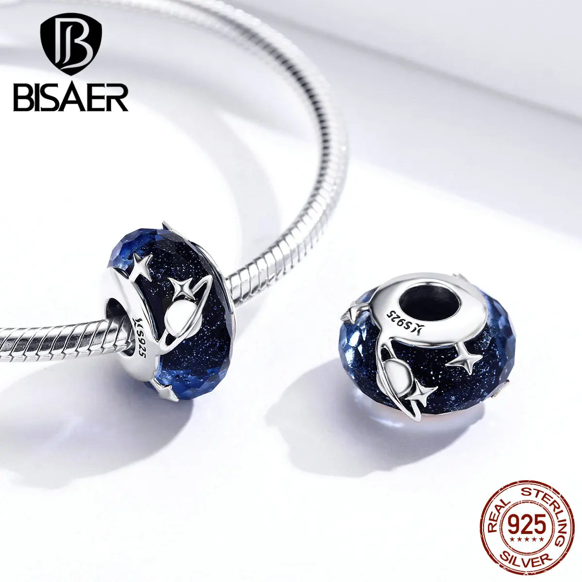 Европейские стеклянные бусы BISAER 925 пробы серебряная звезда планета стеклянные бусы, амулеты подходят серебряные браслеты-Обручи 925 ювелирные изделия ECC1284