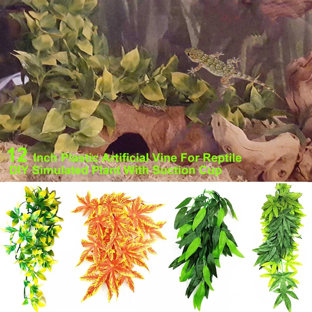 

12 Inch For Reptile DIY Fish Tank Simulated Plant With Suction Cup Plastic Fake Hanging Pet Supplies Realistic Artificial Vine