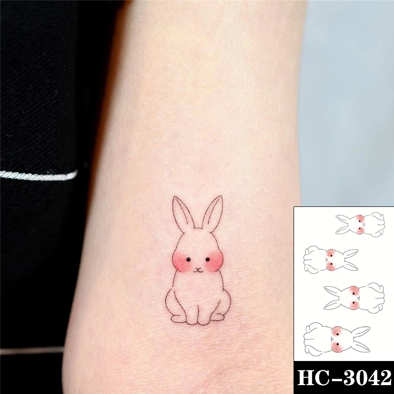 

Temporary Tattoo Sticker Cartoon Cute Shy Bunny Animal Chinese Japanese Text Waterproof Art Fake Tattoos Flash Tatoos Men Women
