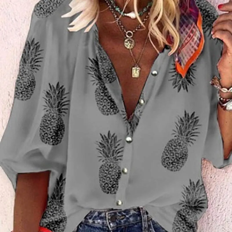 03 Gray Fanbety 5XL блузки с принтом цепей, женские сексуальные рубашки с v-образным вырезом и длинным рукавом на пуговицах,, Женские Элегантные Осенние Новые Топы, блузки размера плюс - Цвет: 03 Gray