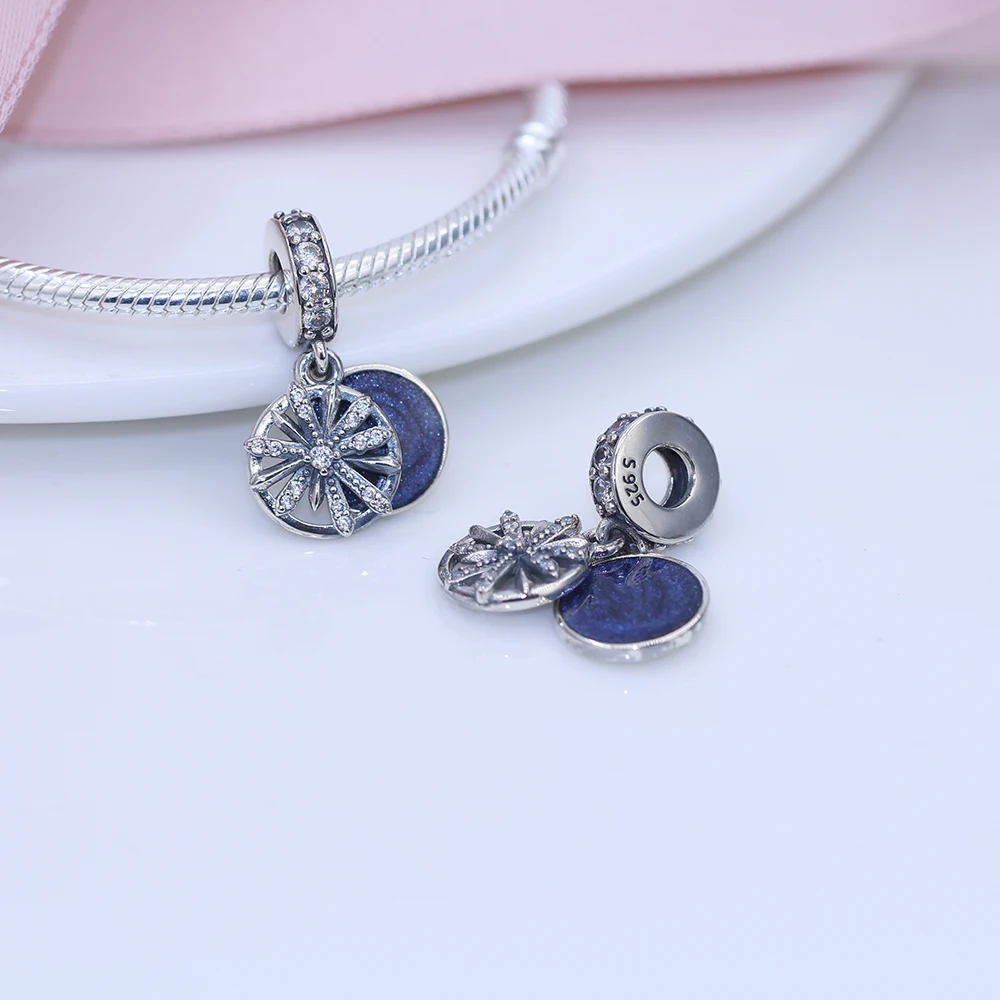 

Fit Original Pandora charms bracelet beads S925 sterling silver Blue star and moon double pendant women's popular jewelry