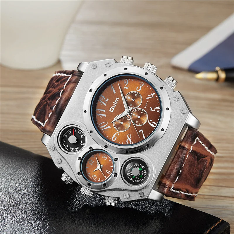 

Oulm 1349 Large Dial Dual Time Zone Sports Quartz Watches Men Casual Leather Wristwatch Clock Male Watch relogio masculino