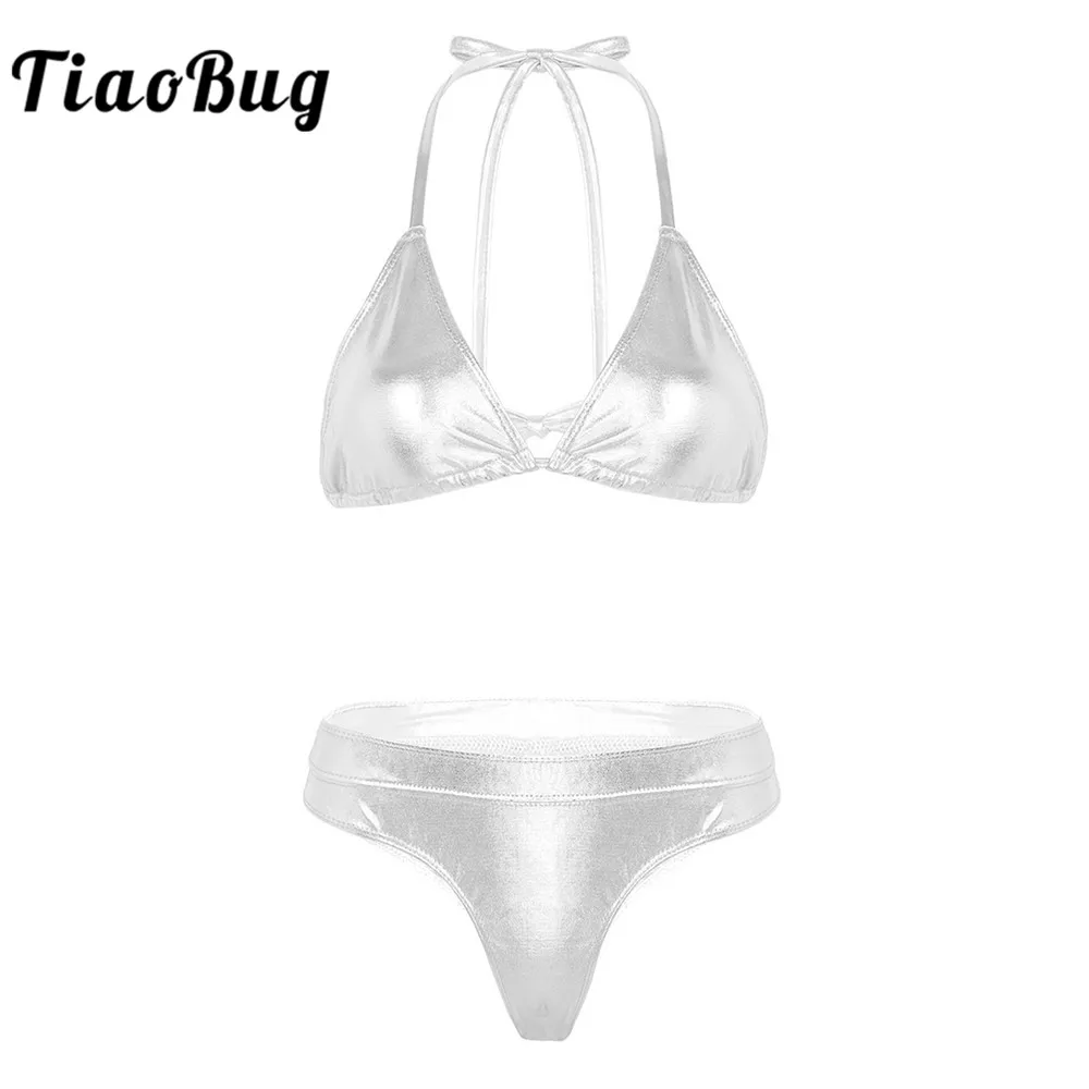 

Women Shiny Metallic Swimsuits Triangle Bikini Beach Sexy Lingerie Set Halter Bra Tops with Mid-rise Thong Briefs Underwear