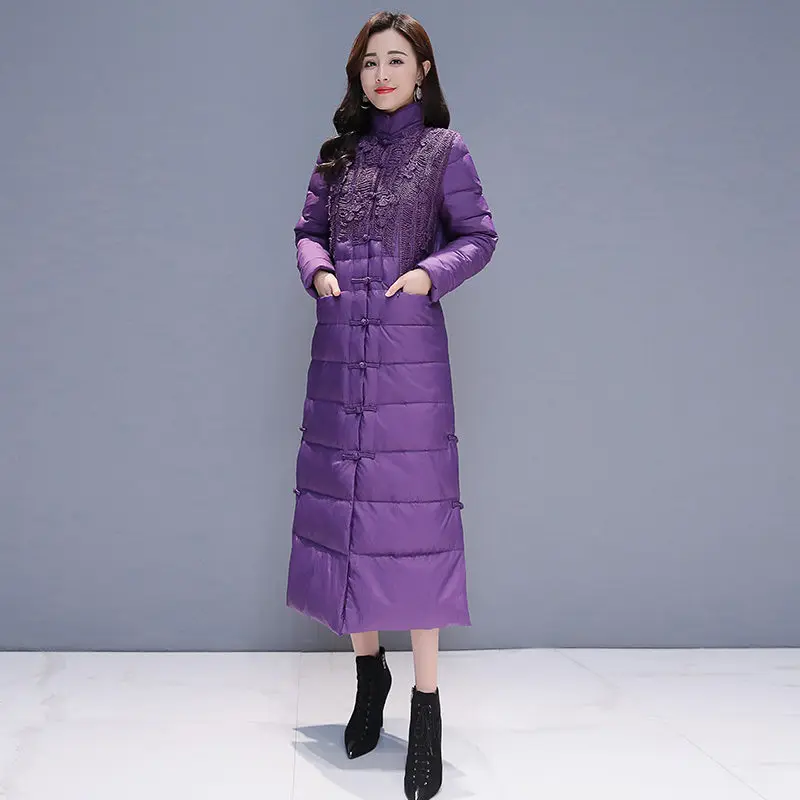 Chinese Style Retro Women Winter Jacket Stand Collar Purple Coat Single-Breasted Long Parkas Warm Overcoat C5968 | Женская одежда