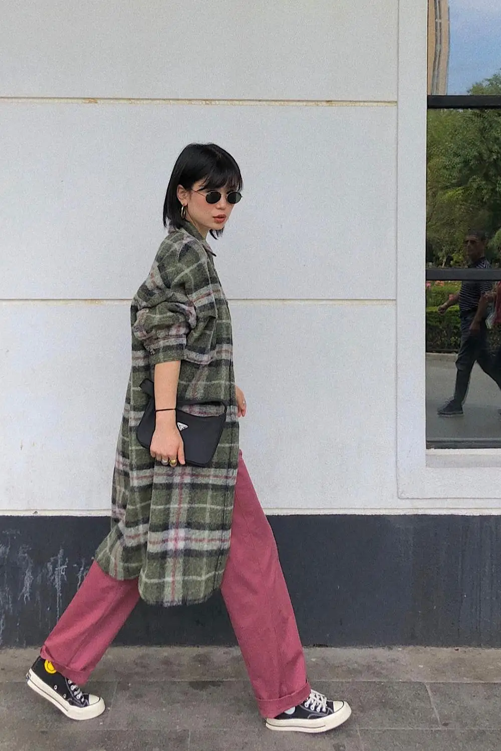 Осенне-зимнее клетчатое шерстяное пальто однобортный жакет с карманами женская