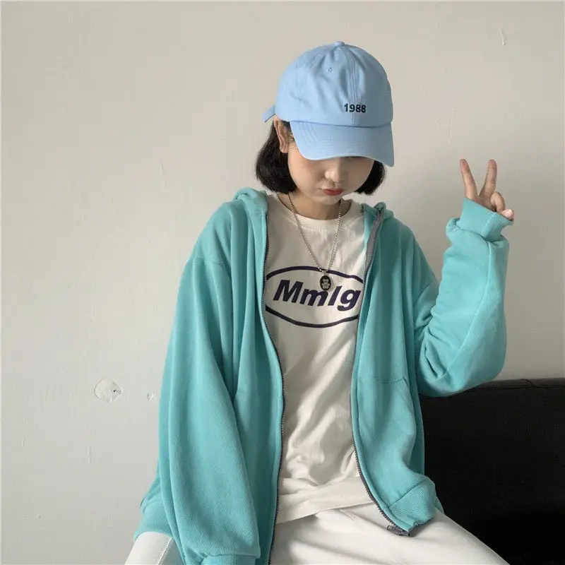

Girls Harajuku Solid Sweater Long Sleeve Hooded Coat Sweatshirt Hoodies Clothes Streetwear Versatile Cardigan Korean Hood Top
