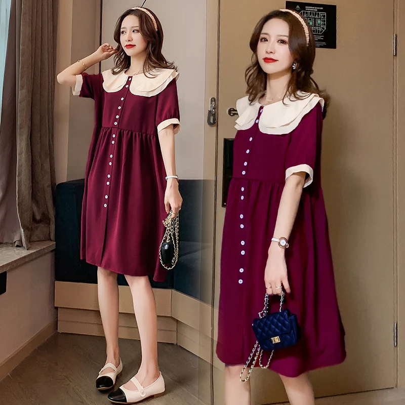 

7012# Summer Wine Red Chiffon Maternity Dress Sweet Korean Fashion Straight Clothes for Pregnant Women Hot Pregnancy Nursing