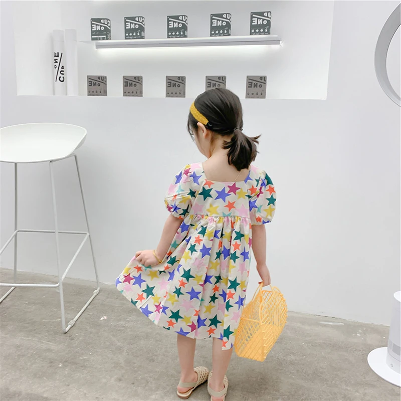 

Girls Princess Dresses 2021 New Summer Multi StarsPrint Vestidos Korean Short Sleeve Children Holiday Casual Costumes for 3-7Y