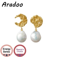 aradoo baroque light luxury natural freshwater pearl sun moon earrings romantic asymmetric vacuum plating 18k gold earrings