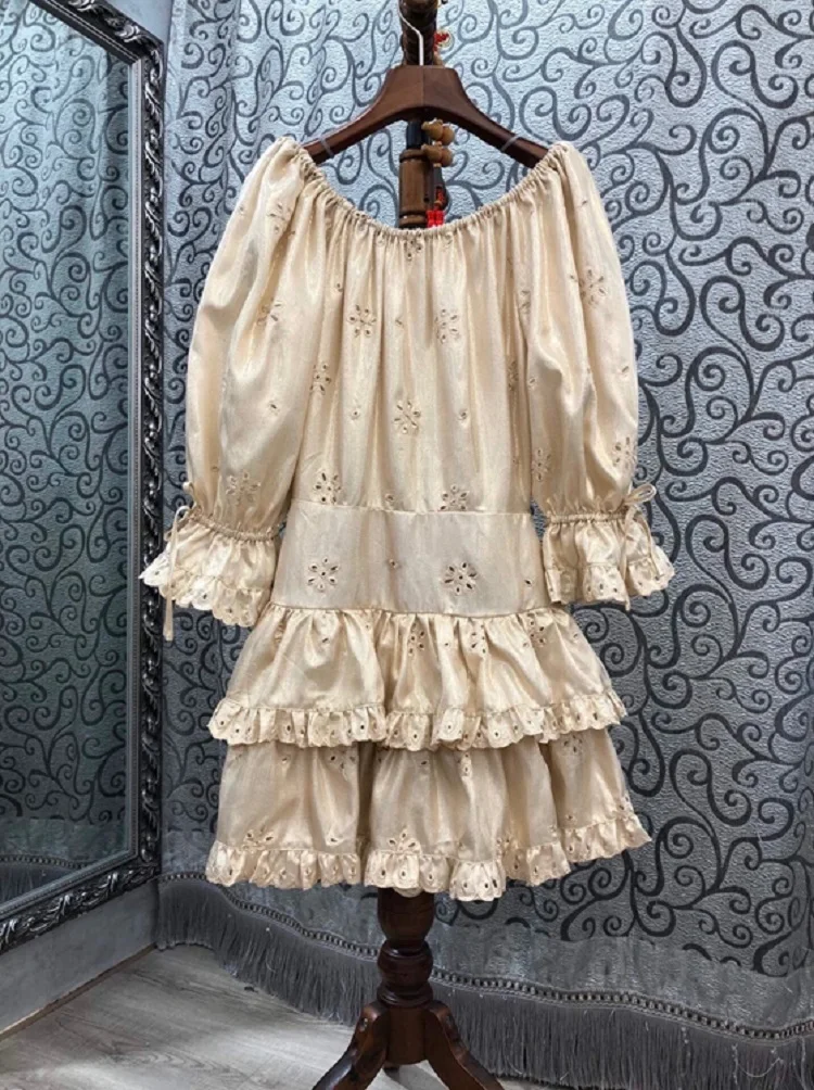 

Top Quality New 2020 Autumn Party Event Women Dresses Hollow Out Embroidery Drawstring Style Cascading Ruffle Sexy Club Dress