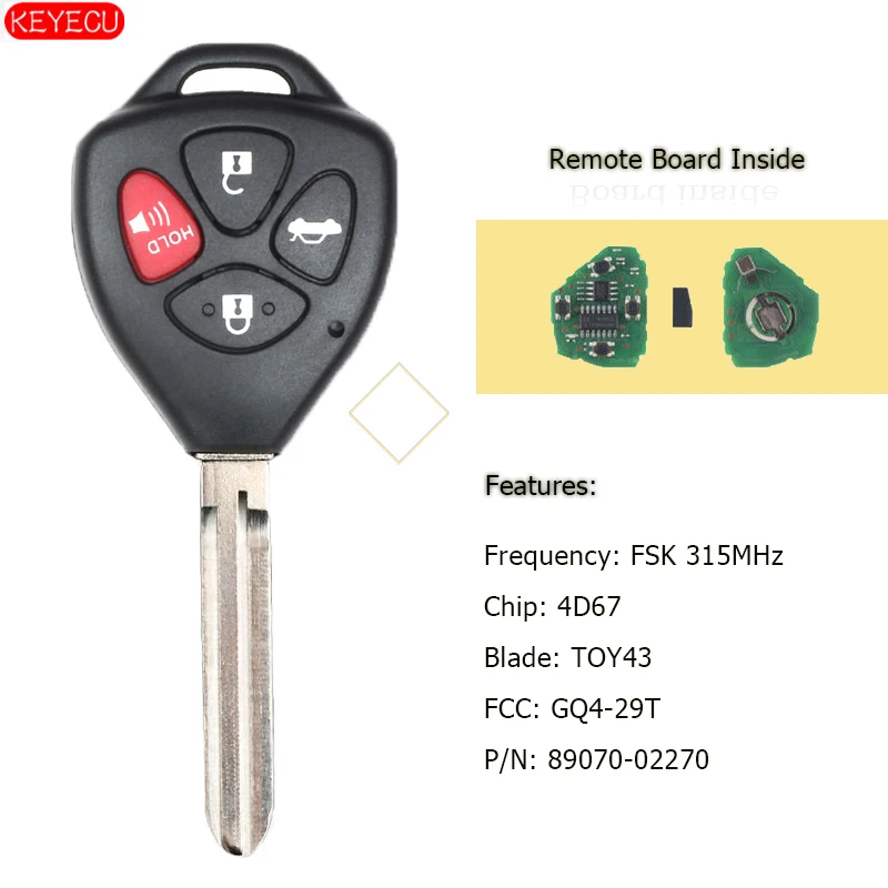 

Дистанционный ключ KEYECU 4B 315 МГц для Toyota 2008-2013 Avalon, 2008-2010 Corolla FCC: Φ-4D67 P/N:89070-02270