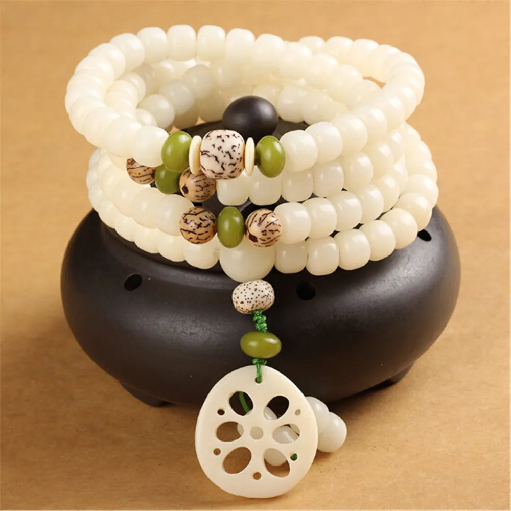 

New Style Natural White Bodhi Root Buddhist 108 Mala Bucket Beads Bracelet with Lotus Root Slices Pendant for Men &Women Jewelry