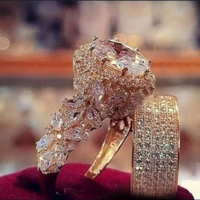 

Trendy Famale Jewelry Gold Ring Set Pink Topaz CZ Solitaire Rings for Women Wedding Engagement Cocktail Party Anniversary Gifts