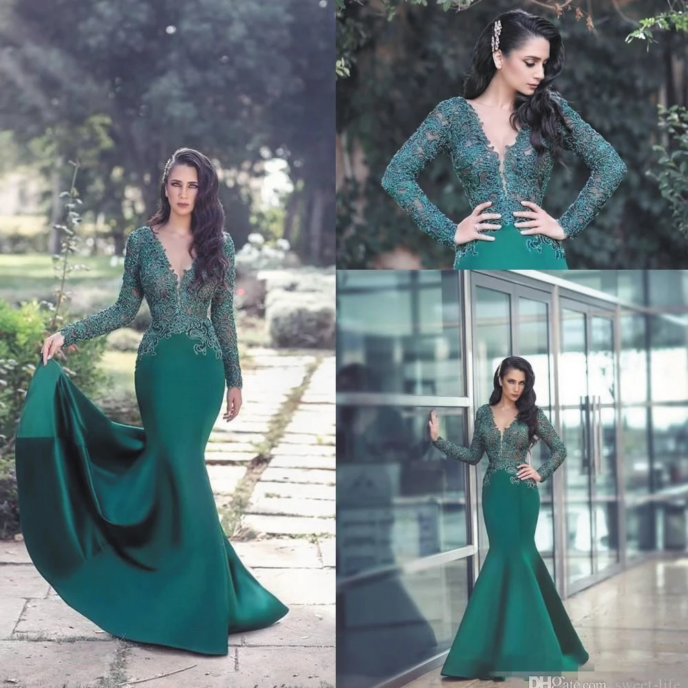 

SuperKimJo Hunter Green Mermaid Evening Dresses Long Sleeve V Neck Modest Elegant Evening Gown Vestidos De Fiesta