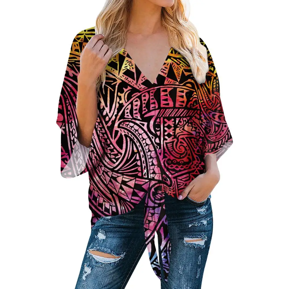 Promotional Polynesian Traditional Tribal Print Women Chiffon Tops Shirt Exclusive Printed Chiffon For Ladies Chiffon Blouses