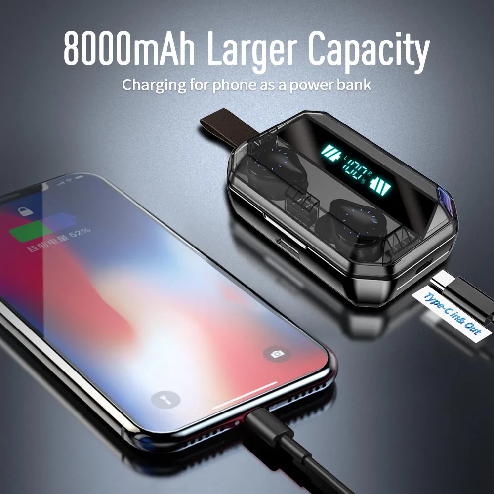 

8000mAh TWS 9D Stereo Hifi Headphones Bluetooth 5.0 Wireless Earphone with LED Display IPX7 Waterproof Headset with Microphone