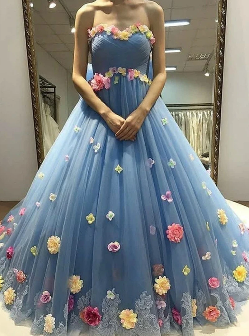 

Strapless Blue Ball Gowns Tulle Lace 3D Flower Prom Dress 2021 Sweetheart Sweet 16 Quinceanera Dress robe de soiree