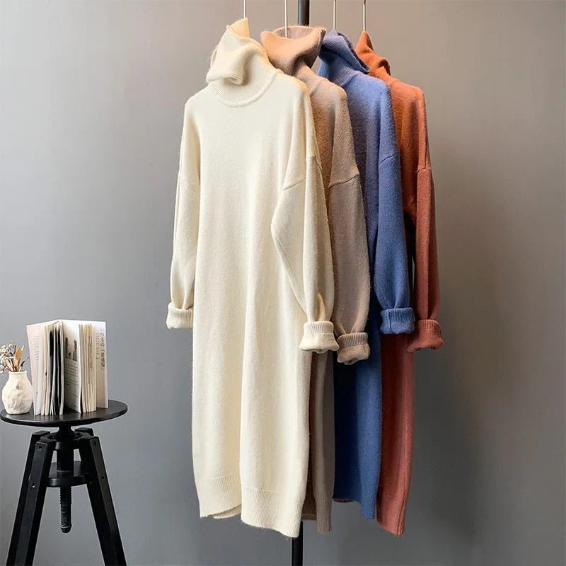 2019 зимний теплый свитер водолазка женский Бежевый длинный пуловер платье