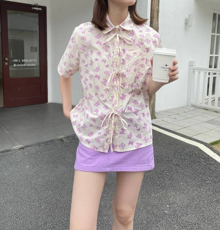 

Harajpoo Women Shirt Short Sleeve Ladies 2021 Korean Style Summer New Design Niche French Thin Floral Print Casual Loose Tops