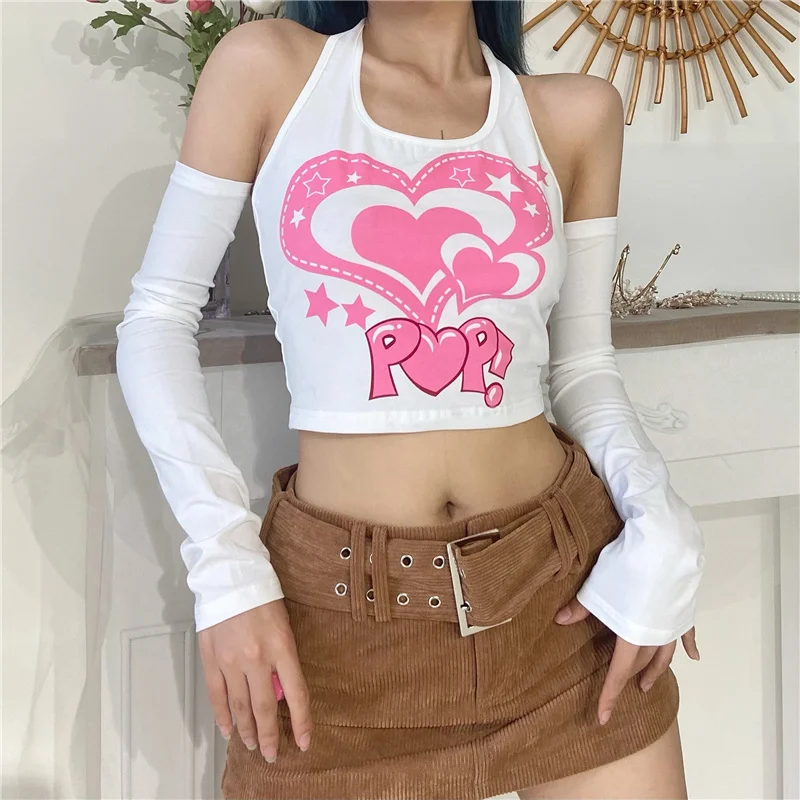 

XUXI 2021 Летний новый солнцезащитный Топ с рукавами и лямкой на шее Женская белая короткая футболка с принтом и открытой спиной E2889