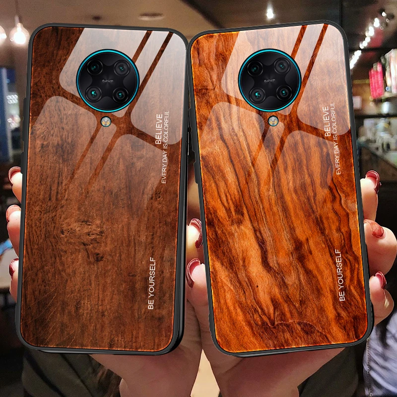 Чехол для Xiaomi POCO F2 Pro из закаленного стекла с деревянным лицевым покрытием чехол