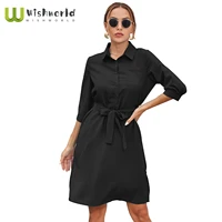 2021 chun xia autumn fashion womens clothing in europe and america 7 minutes of sleeve belt pure color dress