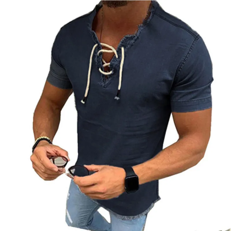 

Summer Men's tie V-neck denim shirt Fashion denim top