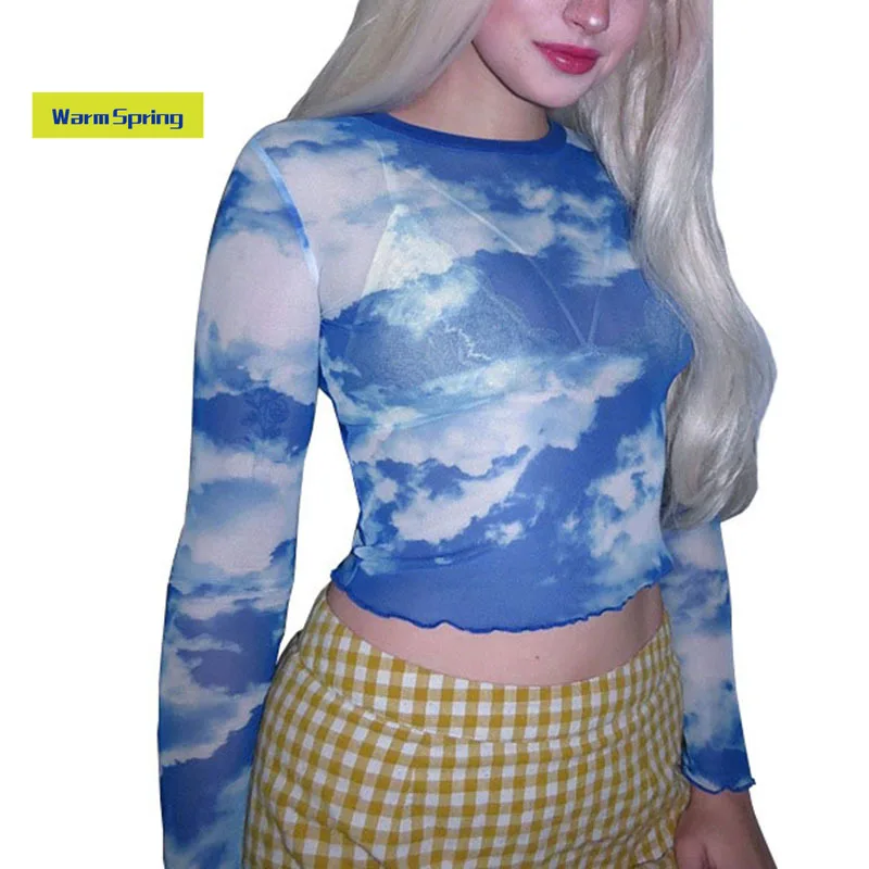 

2021 Vintage Ins Hot Blue Sky White Clouds Pattern Printing Slim Long Sleeve Mesh Women Crop Top Short T Shirts Women Sexy Tee