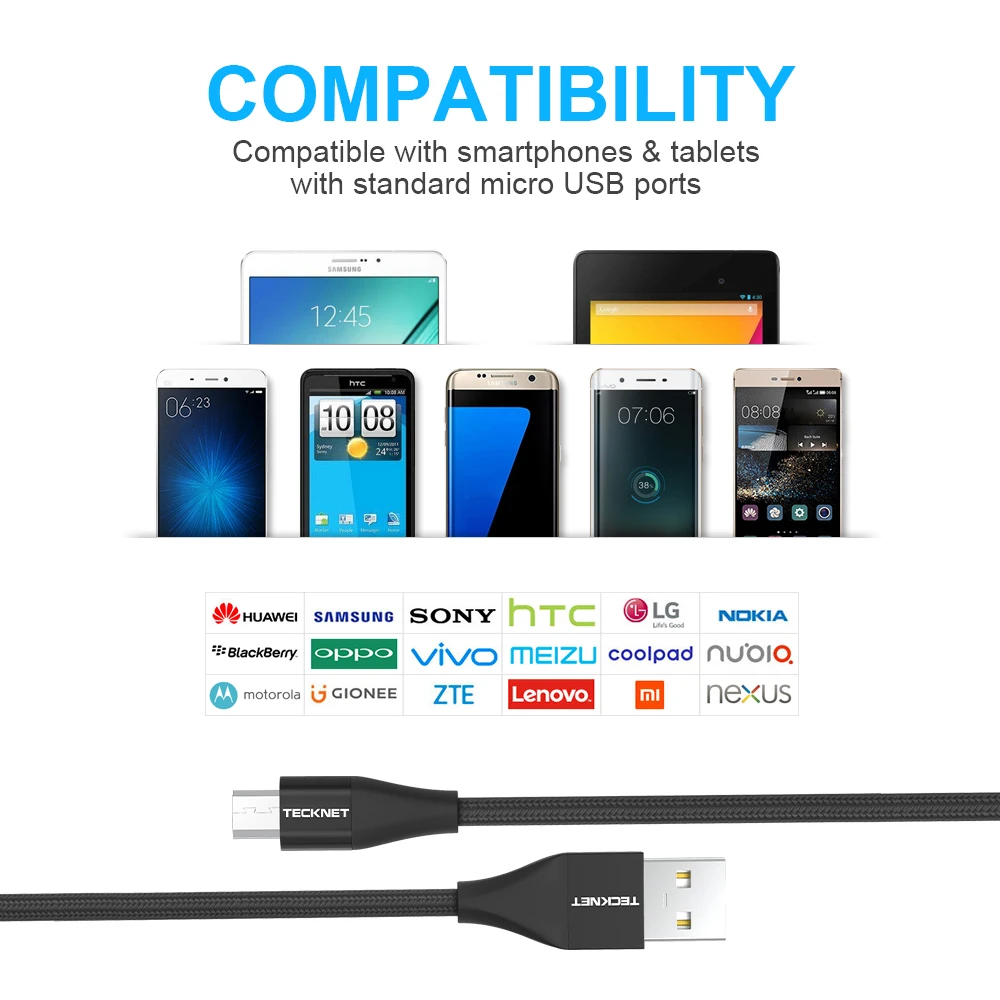 Кабель Micro USB TeckNet 2 4 А зарядный кабель для Samsung Huawei Xiaomi LG Andriod синхронизации данных