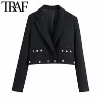 traf women fashion with buttoned tweed cropped blazer coat vintage long sleeve welt pockets female outerwear chic veste