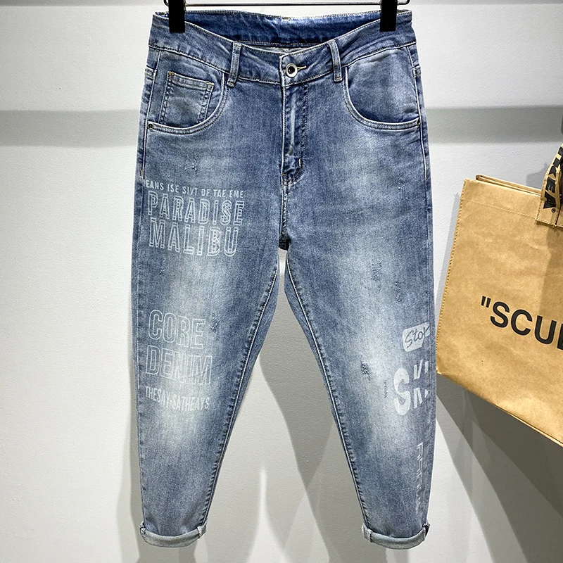 Мужские джинсы брендовые светло-голубые шаровары мужские укороченные брюки