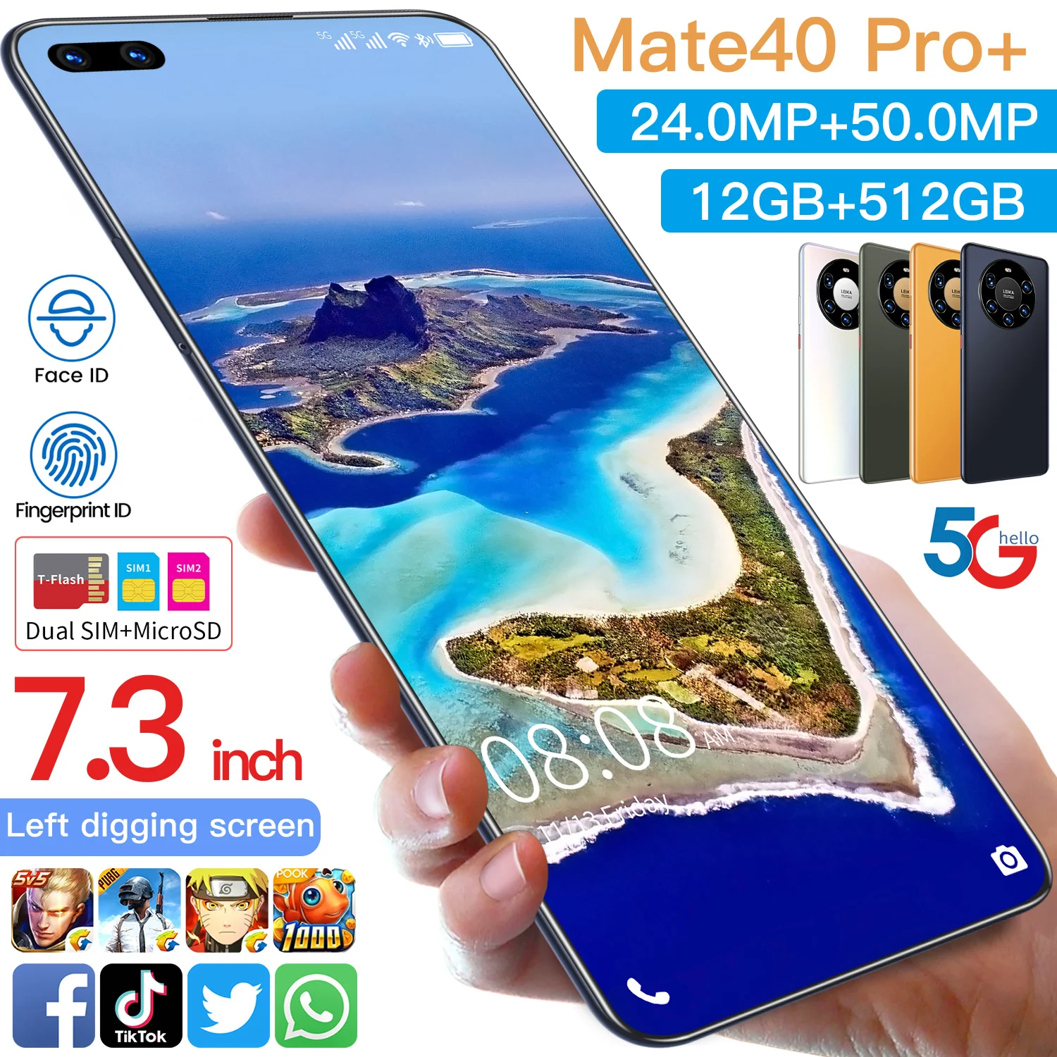 

Mate40pro+ 7.3 Inch Smartphone Global Version Andriod 10.0 Face ID Mobile Phone MTK6889 Double SIM Card Cellphone