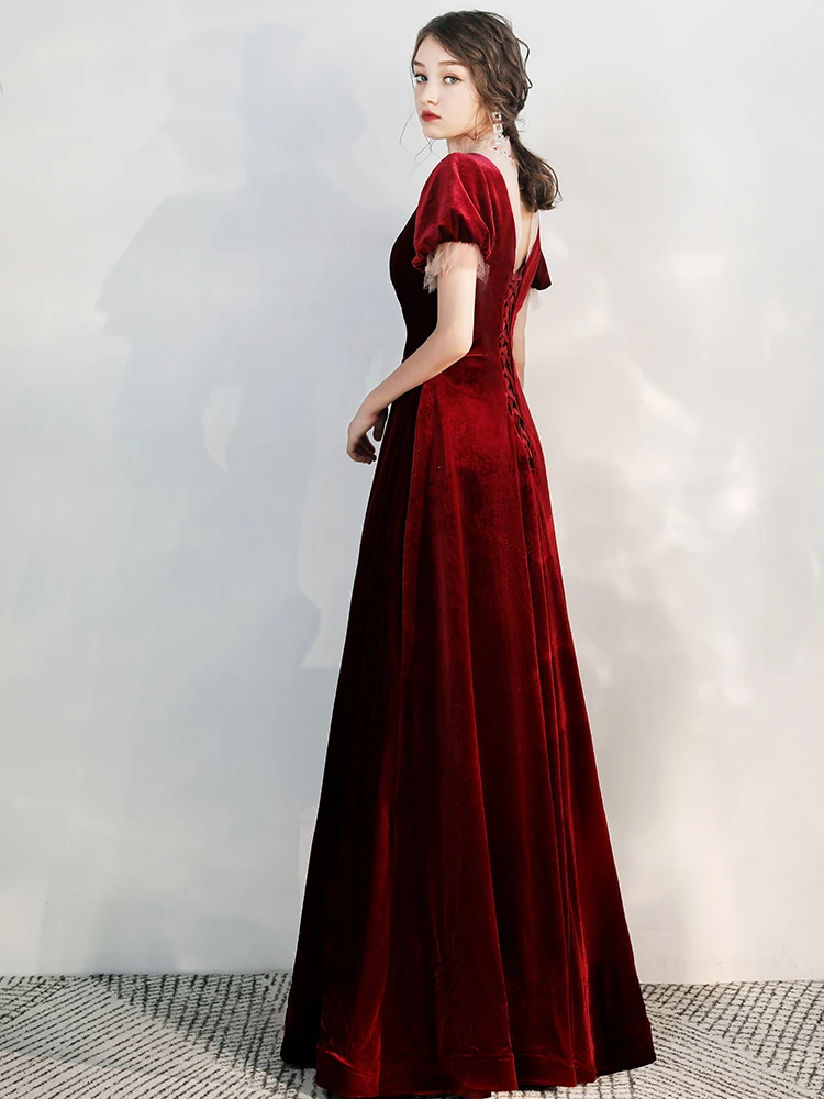 SSYFashion зима новый банкет Элегантный бордовый вечернее платье дворца Винтаж