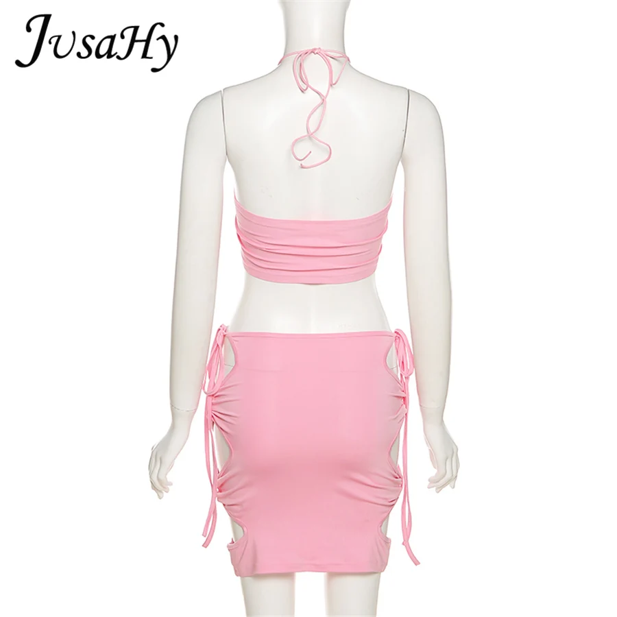 

JusaHy Sexy Patchwork 2 Pieces Set Women Halter Cleavage Bandage Show Waist Top+Skinny Side Slit Lace Up Summer Street Clubwear