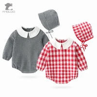 baby girls plaid romper korea one piece long sleeve princess jumpsuit infant newborn birthday party clothes with hat