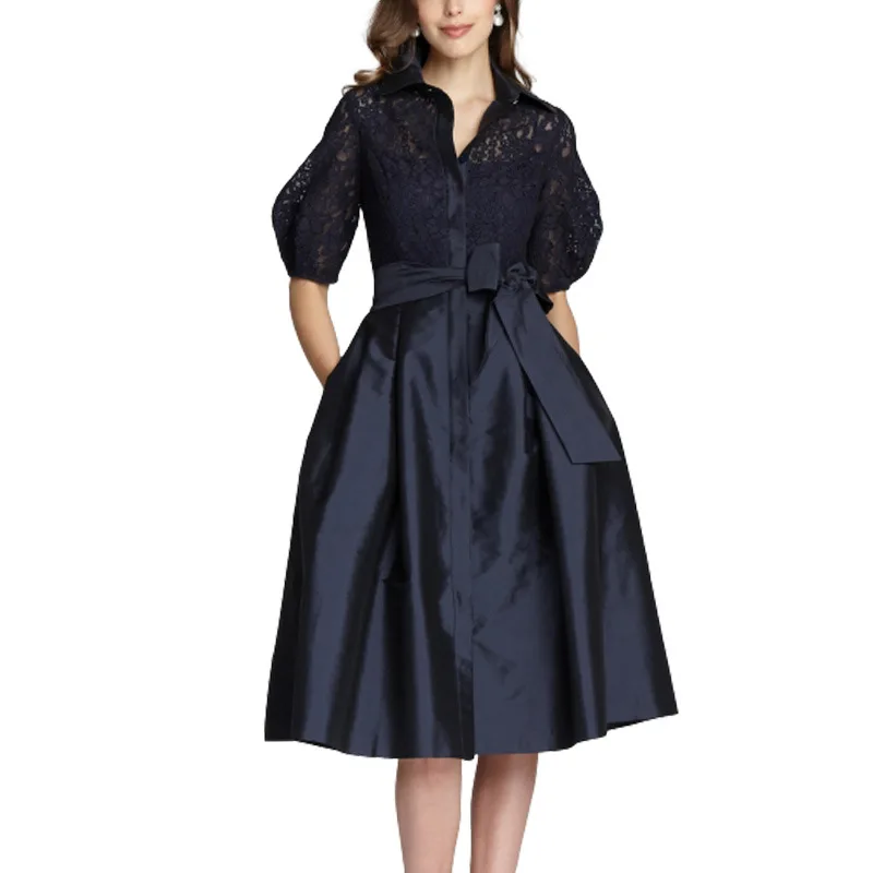 

Elegant Dress Women Summer Fashion Lace Stitching Lapel Half Sleeve Plus Size Mid-Calf A-LINE Dresses Lugentolo