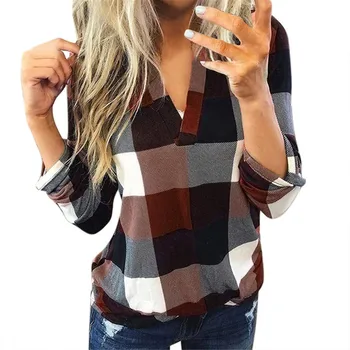 Plaid Print Women Blouses V-neck Autumn Shirts All-match Long Sleeve Loose Casual Harajuku Female 6 Colors Chic Slim Top New #F 1