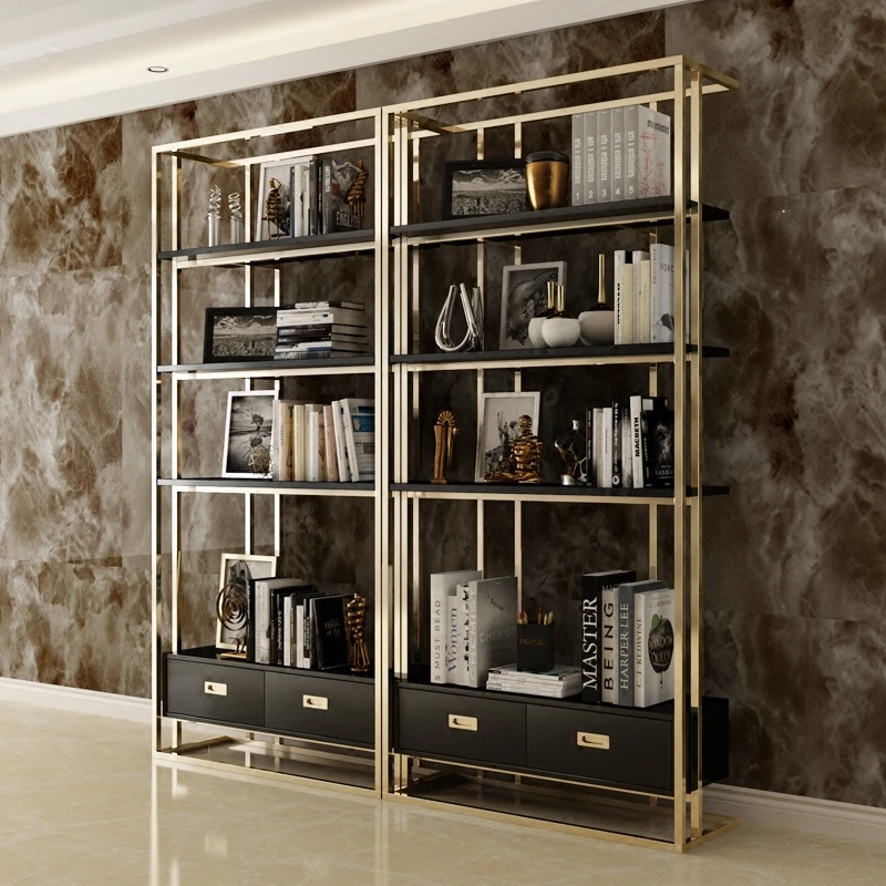 

Light luxury bookcase simple floor storage rack office multi-layer shelf modern living room stainless steel bookcase