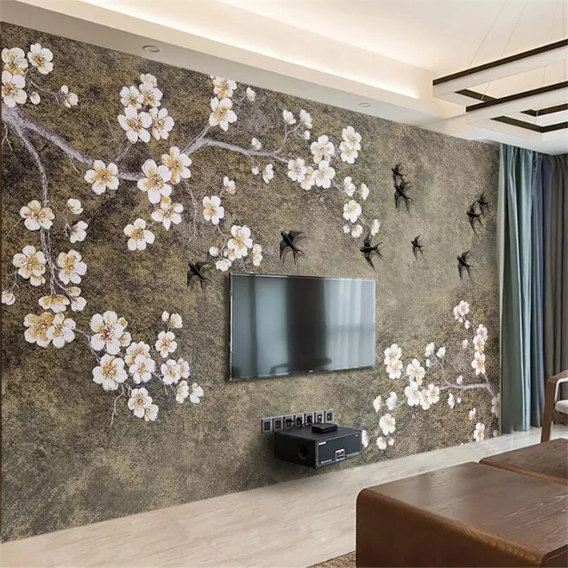 

Custom wallpaper 3d murals Chinese style retro new Chinese plum swallow TV background wall paper for living room Hotel 3d murals