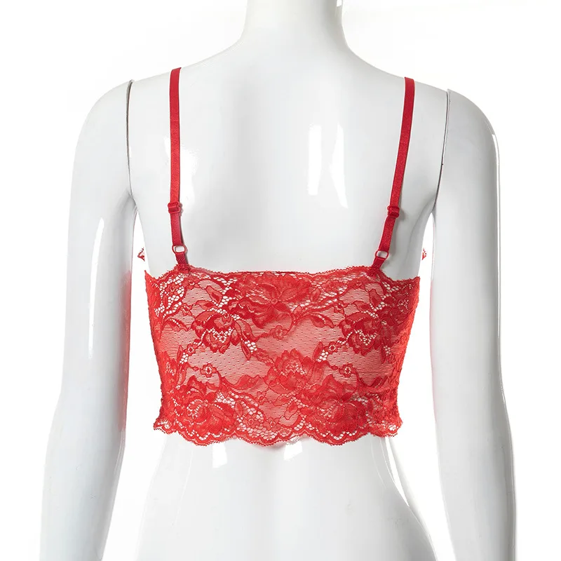 

ALLNeon 2000s Aesthetics Patchwork Lace Trim Red Crop Tops Summer Y2K Streetwear Deep V Bow Backless Cami Top Sexy Clubwear 2021