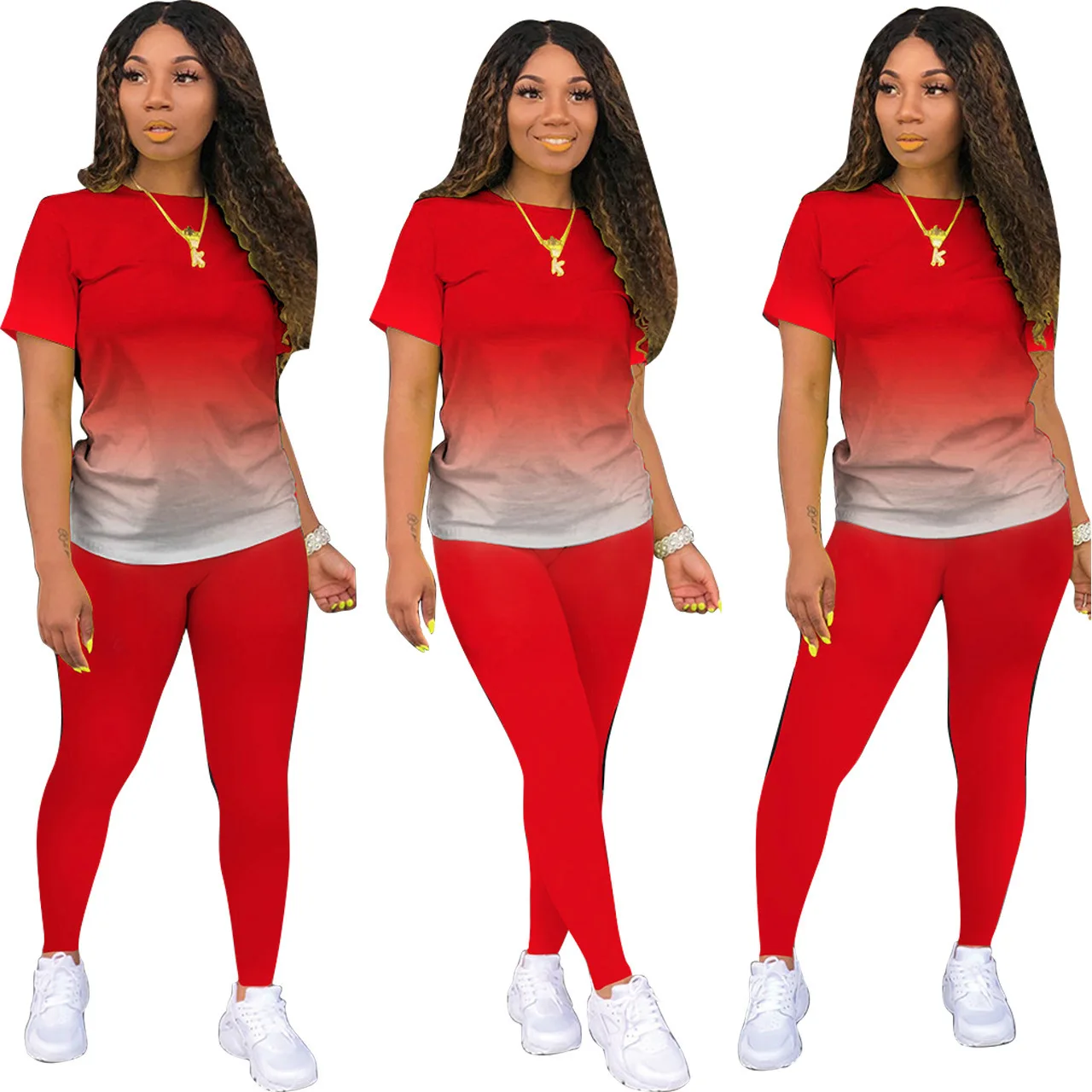 

European and American digital printing gradient fashion casual two-piece suit