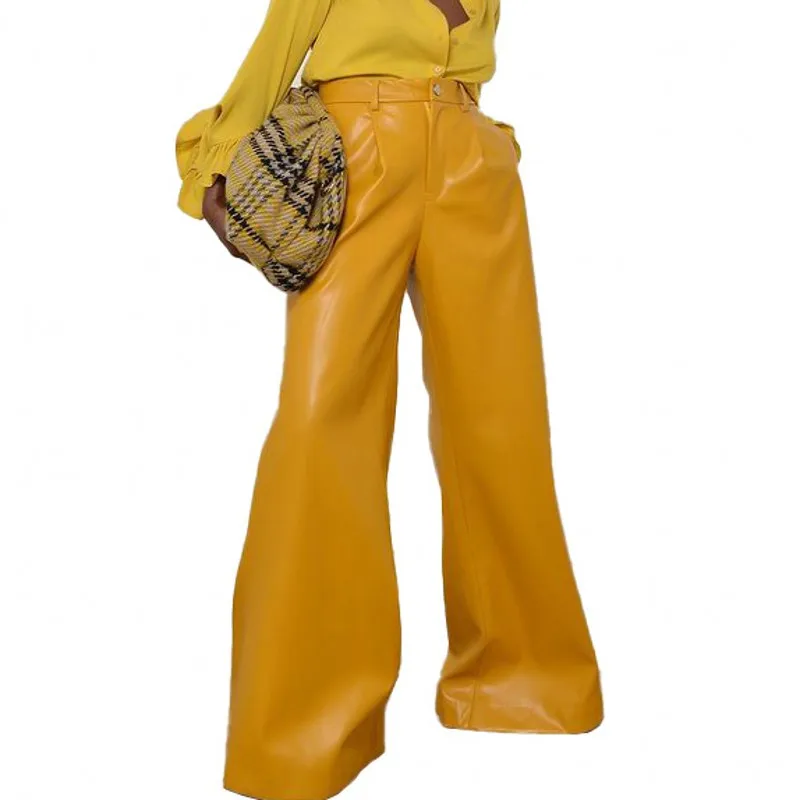 

Женские брюки из ПУ кожи, на молнии, на пуговицах, с высокой талией, свободные брюки, модная новинка 2022, однотонная уличная одежда, длинные ши...