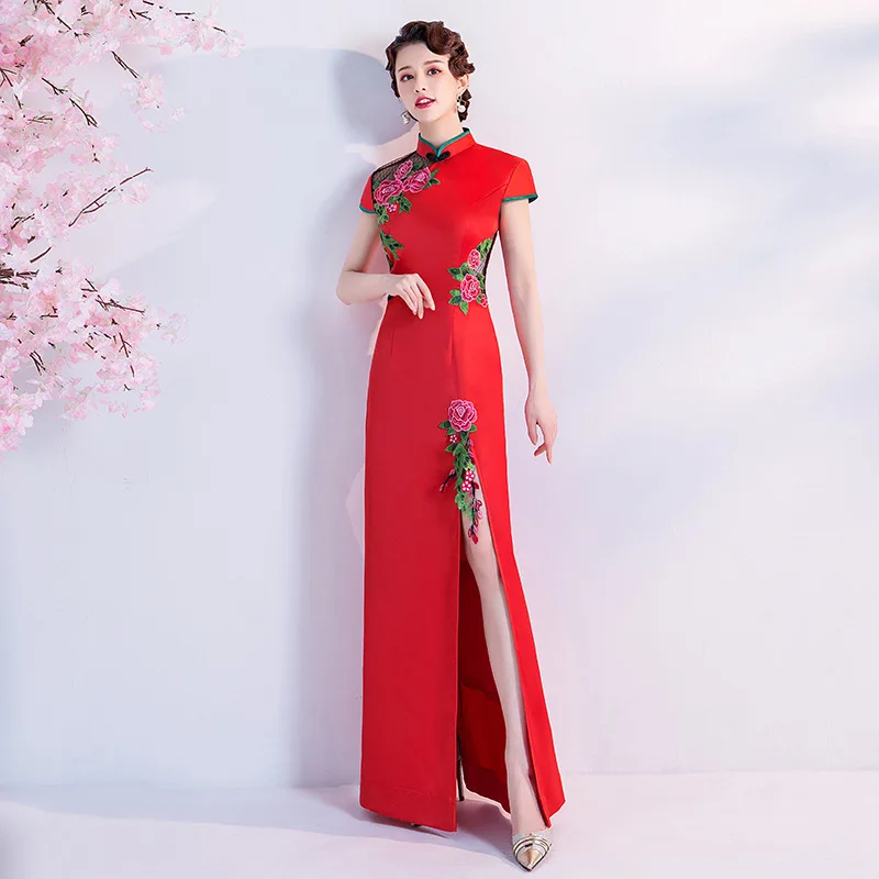

Sexy Slim Lady Summer New Qipao Classic Satin Cheongsam Chinese Floral Mandarin Collar Dress Oversize Evening Party Vestidos