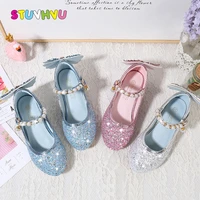 sequin leather girls princess shoes high heels fashion pearl butterfly children crystal shoes spring and autumn new kids shoes