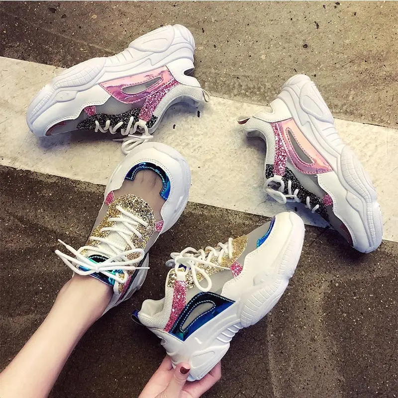 

Running Shoes Women Breathable spring Casual Cross Tied Outdoor Hollow out Vulcanized Shoes Walking Platform Ladies Sneakers