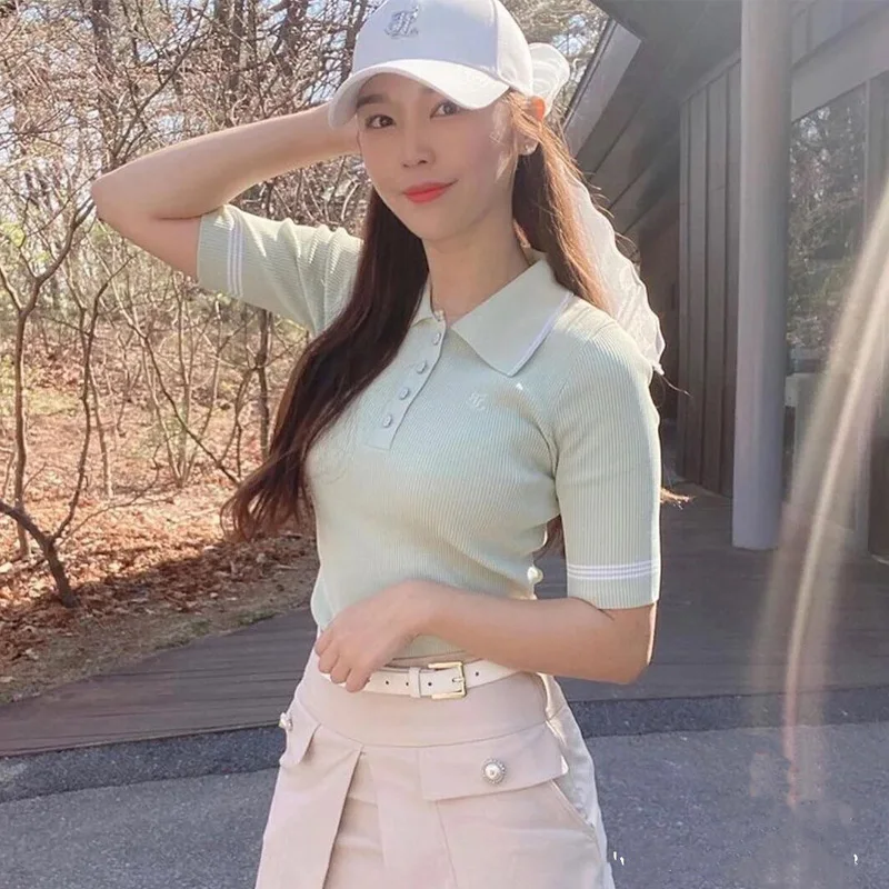 

Golf women's shirt, five-point sleeve ice silk knit sweater elegant high elasticity and thin