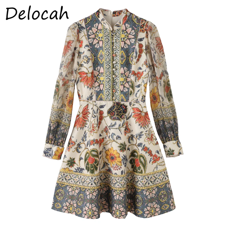 

Delocah Women Summer Fashion DesignerParty Short Dress Lantern Sleeve Button Vintage Printed Ladies A-Line Dresses vestidos