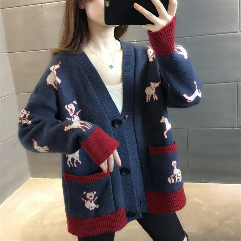 Кардиган вязаный кардиган с V-образным вырезом карманом в виде оленя |