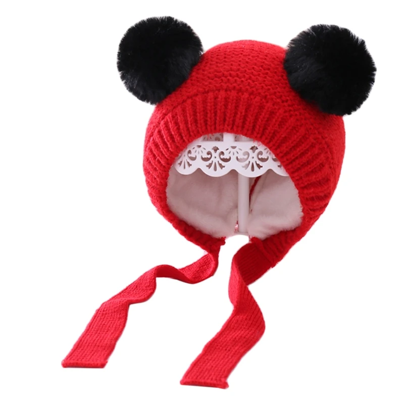 

Детская Вязаная Шапка-бини с двумя помпонами и ушками